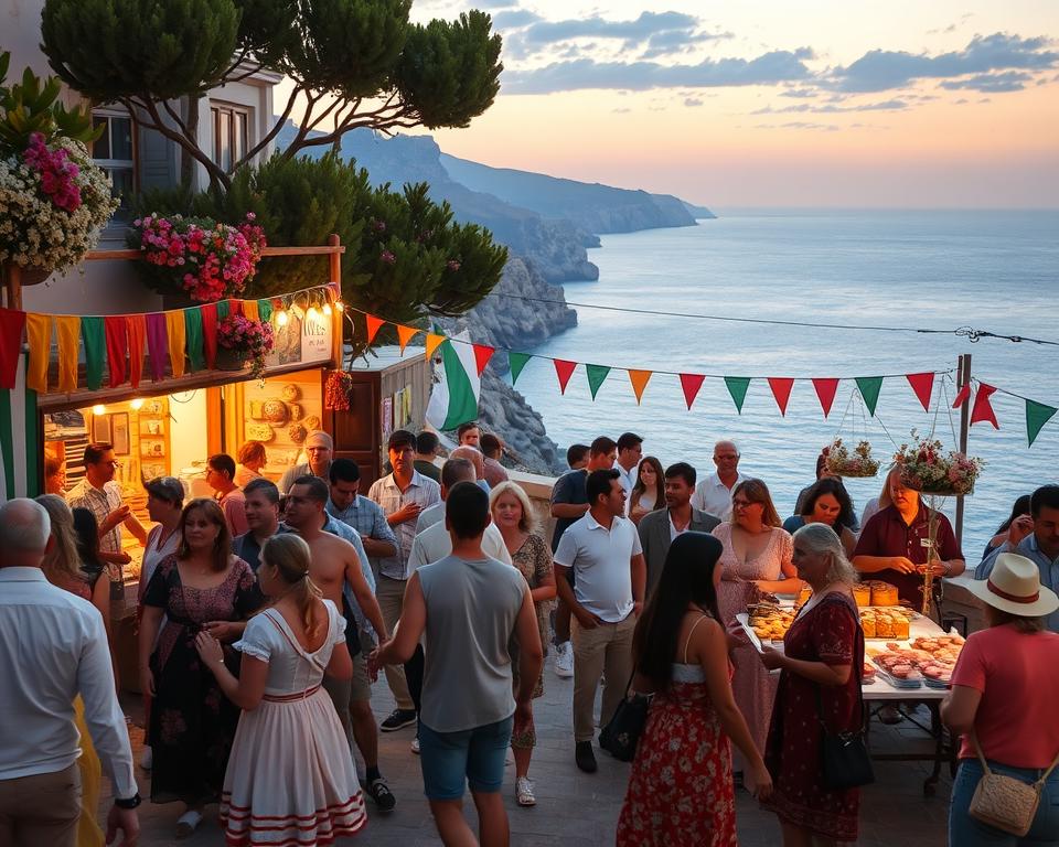 A vibrant celebration in Otranto, Italy, depicting a lively cultural event or festival. In the foreground, a diverse group of people dressed in traditional Italian attire and modest casual clothing engages in joyful activities, some dancing while others admire local artisans showcasing their crafts. The middle ground features colorful decorations, such as banners and floral arrangements, with stalls filled with regional delicacies. In the background, the stunning Otranto coastline adds a dramatic backdrop, with the sun setting, casting warm golden light over the scene. The atmosphere is festive and inviting, with soft ambient lighting enhancing the sense of joy and community. Capture this in a slightly elevated angle to highlight the bustling event against the picturesque landscape.