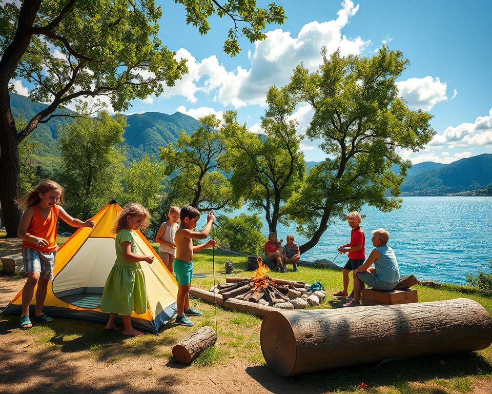 A vibrant family camping scene at Lake Garda, showcasing children engaging in fun outdoor activities. In the foreground, a lively group of kids, wearing colorful, modest casual clothing, are playing and laughing together while assembling a small tent. Nearby, one child is holding a fishing rod by the water's edge, learning to fish with parental guidance. In the middle ground, a cozy family campsite is set up with a cheerful campfire surrounded by logs for seating. The background features lush green mountains and the sparkling blue lake under a clear blue sky with fluffy white clouds. The scene radiates a warm, inviting atmosphere, with soft sunlight filtering through the trees, creating dappled shadows. A wide-angle perspective enhances the sense of adventure and togetherness.