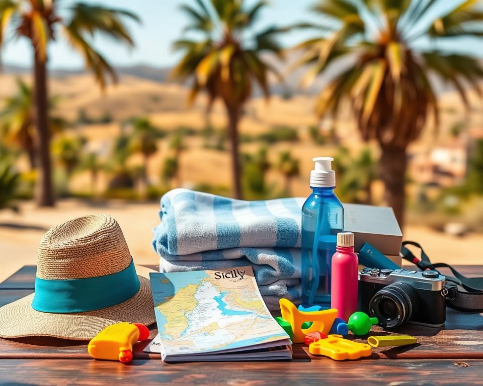 A vibrant family packing list for a vacation in Sicily, beautifully arranged on an antique wooden table. In the foreground, a colorful assortment of vacation essentials: a sun hat, sunscreen, a map of Sicily, beach toys, a reusable water bottle, and a camera. The middle layer features a neatly folded beach towel and a couple of travel books about Sicily. In the background, there's a softly blurred view of a sunny Sicilian landscape with palm trees and rolling hills under a bright blue sky. The lighting is warm and inviting, creating a cheerful atmosphere, reminiscent of summer holidays. Opt for a slightly elevated angle to encompass the entire scene with a focus on the packing items.