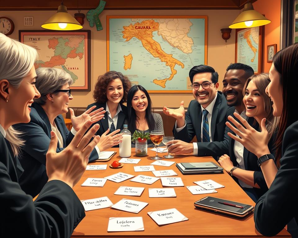 A vibrant illustration depicting a group of diverse individuals actively engaging in a lively conversation in a cozy Italian café. In the foreground, close-up details of hands gesturing animatedly, with Italian phrase cards scattered on the table. In the middle ground, the friendly, enthusiastic faces of people in professional business attire reflect a mix of joy and concentration, embodying the exchange of Italian idioms. The background features warm, inviting café decor with soft lighting creating a cozy atmosphere, and a vintage map of Italy hanging on the wall. The overall mood is energetic and educational, highlighting the cultural essence of Italian sayings in everyday conversation. A vibrant illustration depicting a group of diverse individuals actively engaging in a lively conversation in a cozy Italian café. In the foreground, close-up details of hands gesturing animatedly, with Italian phrase cards scattered on the table. In the middle ground, the friendly, enthusiastic faces of people in professional business attire reflect a mix of joy and concentration, embodying the exchange of Italian idioms. The background features warm, inviting café decor with soft lighting creating a cozy atmosphere, and a vintage map of Italy hanging on the wall. The overall mood is energetic and educational, highlighting the cultural essence of Italian sayings in everyday conversation.