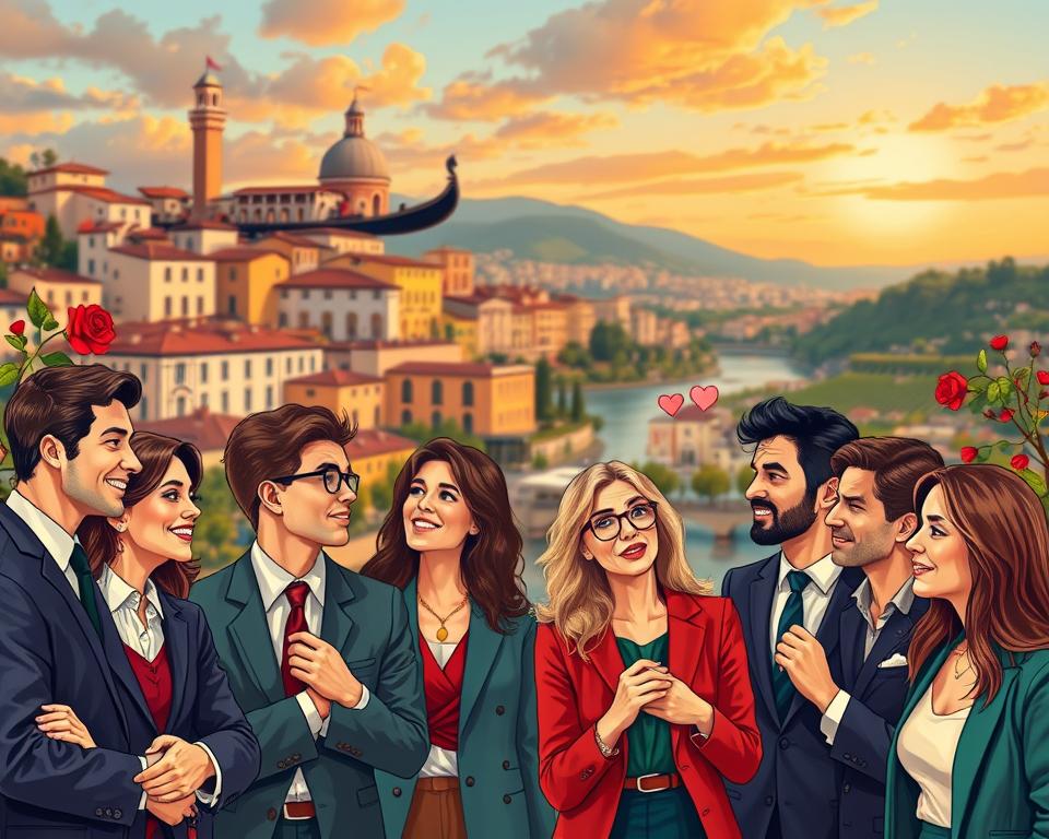 A vibrant illustration of Italian idioms related to emotions and relationships, featuring a blend of colorful, expressive imagery. In the foreground, a diverse group of individuals, depicted in professional business attire, engaged in animated conversation, showcasing various expressions of joy, sadness, love, and friendship. In the middle ground, iconic Italian symbols like a romantic gondola, a quaint café setting, and flowing vineyards subtly intertwine with the figures, enhancing the theme. The background showcases a picturesque Italian cityscape during golden hour, with warm, soft lighting casting a romantic glow over the scene. The overall atmosphere should convey warmth, connection, and the richness of Italian culture, inviting viewers to explore the depth of feelings encapsulated in the language. A vibrant illustration of Italian idioms related to emotions and relationships, featuring a blend of colorful, expressive imagery. In the foreground, a diverse group of individuals, depicted in professional business attire, engaged in animated conversation, showcasing various expressions of joy, sadness, love, and friendship. In the middle ground, iconic Italian symbols like a romantic gondola, a quaint café setting, and flowing vineyards subtly intertwine with the figures, enhancing the theme. The background showcases a picturesque Italian cityscape during golden hour, with warm, soft lighting casting a romantic glow over the scene. The overall atmosphere should convey warmth, connection, and the richness of Italian culture, inviting viewers to explore the depth of feelings encapsulated in the language.