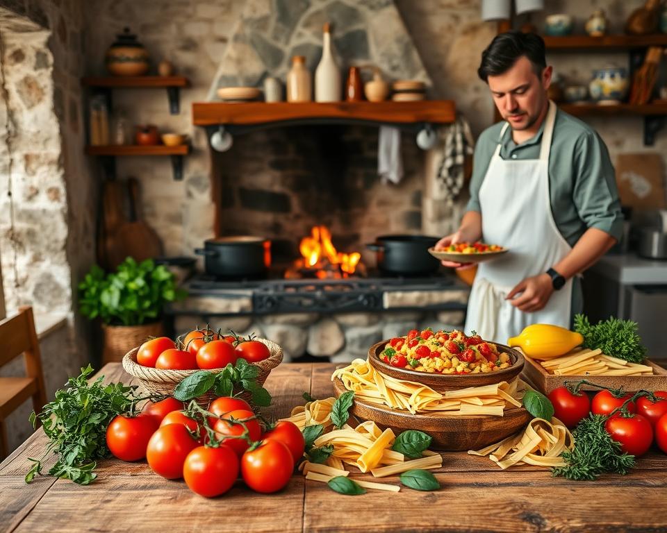 A vibrant kitchen scene inspired by Otranto, Italy, showcasing traditional culinary elements. In the foreground, a rustic wooden table laden with fresh ingredients: ripe tomatoes, fragrant herbs, and handmade pasta. A skilled chef, dressed in a crisp white apron and modest casual clothing, is preparing a colorful dish. In the middle ground, a stone fireplace with pots simmering, giving off a warm glow. The background features charming terracotta tiles and shelves adorned with Italian ceramics and spices. Soft, golden lighting fills the room, enhancing the inviting atmosphere. The overall mood is one of warmth and enthusiasm for cooking, capturing the essence of Otranto's culinary heritage.