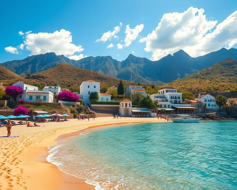 A vibrant landscape of the Lipari Islands during the best travel season, showcasing a sunny coastal scene. In the foreground, a picturesque beach with soft golden sand and clear turquoise water, dotted with colorful beach umbrellas and serene sunbathers in modest swimwear. The middle ground features quaint white-washed villas adorned with blooming bougainvillea, nestled among lush green hills. In the background, dramatic volcanic mountains rise majestically under a bright blue sky with fluffy white clouds. The lighting is warm and inviting, capturing the golden hour glow. The image conveys a relaxed, idyllic atmosphere, perfect for reflecting on the beauty of the Lipari Islands. Use a wide-angle lens to emphasize the sweeping landscape and create depth.