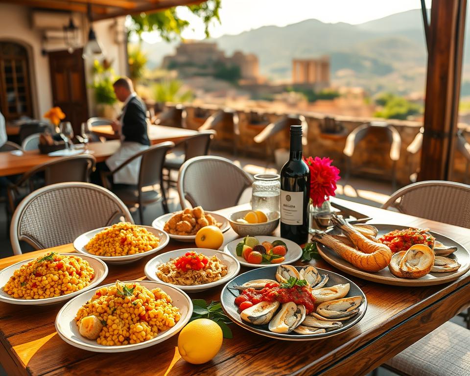 A vibrant outdoor scene showcasing "Essen in Agrigento," featuring a beautifully arranged table filled with traditional Sicilian dishes. In the foreground, a wooden table is adorned with plates of arancini, caponata, and fresh seafood, alongside a bottle of local wine and ripe lemons. In the middle ground, a charming rustic restaurant with warm, inviting decor, and waitstaff wearing modest, professional attire serving customers. The background reveals Agrigento's breathtaking landscape, with ancient Greek ruins and lush hills bathed in golden sunlight, creating a cozy and inviting atmosphere. Soft, natural lighting enhances the rich colors of the food and the warm wood tones of the surroundings, evoking a sense of culinary delight and cultural richness in this Sicilian gem. A vibrant outdoor scene showcasing "Essen in Agrigento," featuring a beautifully arranged table filled with traditional Sicilian dishes. In the foreground, a wooden table is adorned with plates of arancini, caponata, and fresh seafood, alongside a bottle of local wine and ripe lemons. In the middle ground, a charming rustic restaurant with warm, inviting decor, and waitstaff wearing modest, professional attire serving customers. The background reveals Agrigento's breathtaking landscape, with ancient Greek ruins and lush hills bathed in golden sunlight, creating a cozy and inviting atmosphere. Soft, natural lighting enhances the rich colors of the food and the warm wood tones of the surroundings, evoking a sense of culinary delight and cultural richness in this Sicilian gem.