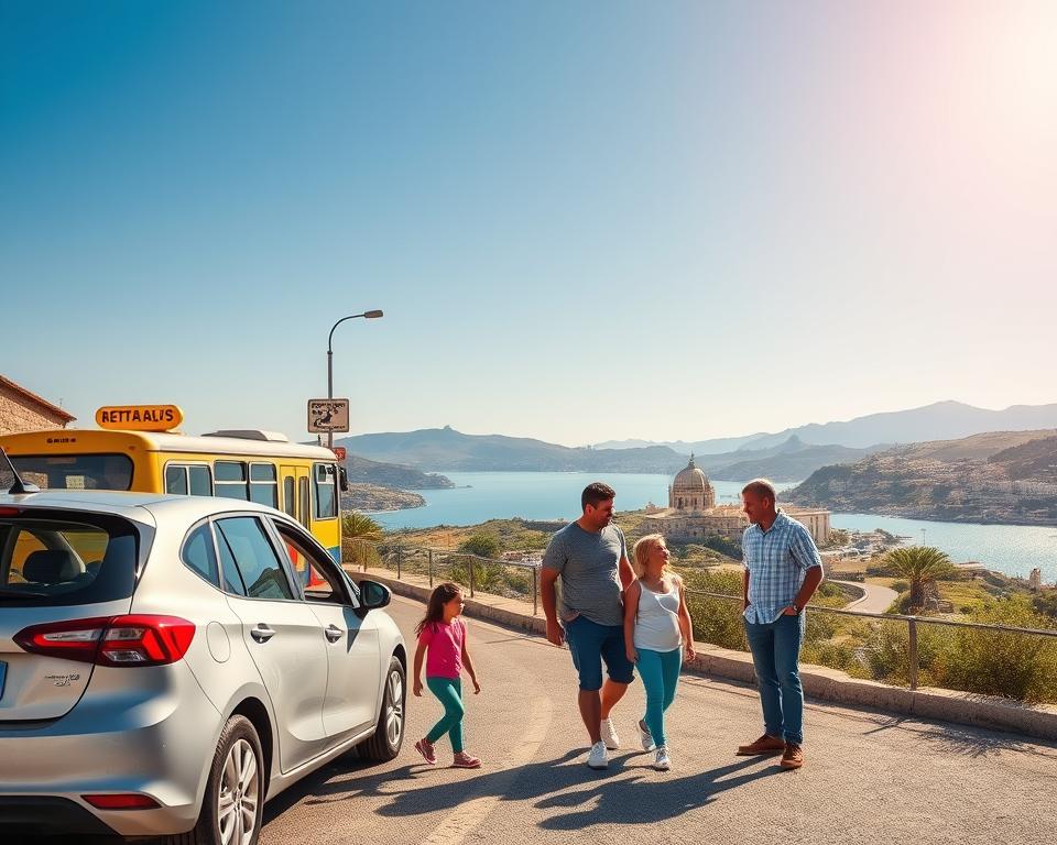 A vibrant scene depicting mobility in Sicily, focusing on a family exploring transportation options. In the foreground, a family with two children, dressed in casual, modest clothing, is happily examining a rental car parked near a sun-drenched coastal road. The middle ground features a colorful bus and a small train station with local bus signs, hinting at various travel options. In the background, the stunning Sicilian landscape showcases rolling hills and iconic architecture under a clear blue sky. The lighting is bright and cheerful, suggesting a warm, sunny day, while the angle offers a dynamic view that captures the energy of family adventures. The overall atmosphere is lively and inviting, ideal for exploring Sicily with kids.
