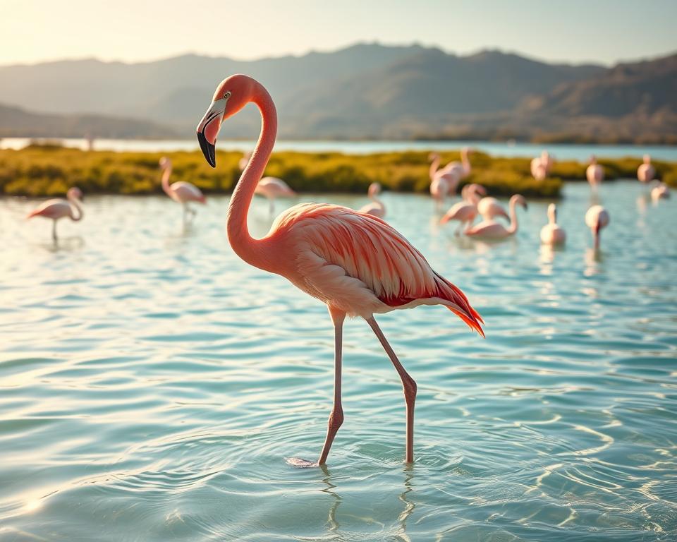 A vibrant scene featuring a Rosaflamingo standing gracefully in shallow, sunlit waters of a serene Sardinian lagoon. In the foreground, the flamingo's brilliant pink feathers contrast beautifully against the clear turquoise water, reflecting rippling light. Its elegant neck is arched, showcasing its distinct long legs and beak as it forages for food. In the middle ground, a group of flamingos can be seen socializing together, their soft colors blending harmoniously with the serene ambiance. The background is adorned with lush green marshland and distant hills, bathed in warm, golden sunlight, creating a tranquil atmosphere. Shot with a wide-angle lens to capture the detailed textures of the feathers and the shimmering water, emphasizing the beauty and grace of these remarkable birds.