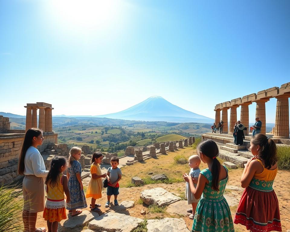 A vibrant scene showcasing cultural experiences for children in Sicily. In the foreground, a group of children of diverse backgrounds, wearing modest, colorful clothing, eagerly exploring ancient ruins, perhaps the majestic Valley of the Temples. They are engaged in activities like storytelling, painting, or playing traditional Sicilian games. In the middle layer, local artisans demonstrate traditional crafts, such as pottery or puppetry, inviting the children to participate. The background features lush Sicilian landscapes with rolling hills and the iconic Mount Etna under a bright blue sky, casting warm sunlight over the scene. The atmosphere is joyful and educational, with a sense of wonder and exploration. The image should convey a warm, inviting mood, captured with a slight soft focus to enhance the whimsical feeling of childhood discovery.