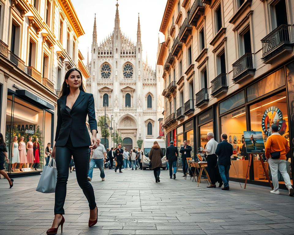 A vibrant street scene in Milan, showcasing the fusion of fashion and urban culture. In the foreground, a stylishly dressed young professional in sleek business attire walks confidently, holding a designer shopping bag. In the middle ground, chic boutiques display high-end fashion with colorful window designs, while contemporary art installations dot the sidewalks. The background features the iconic Duomo di Milano, bathed in warm golden hour light that highlights its intricate gothic architecture. The atmosphere is lively yet sophisticated, with people enjoying outdoor cafés and artists painting in the streets. The image is shot with a wide-angle lens, capturing the urban energy and elegance of Milan. A vibrant street scene in Milan, showcasing the fusion of fashion and urban culture. In the foreground, a stylishly dressed young professional in sleek business attire walks confidently, holding a designer shopping bag. In the middle ground, chic boutiques display high-end fashion with colorful window designs, while contemporary art installations dot the sidewalks. The background features the iconic Duomo di Milano, bathed in warm golden hour light that highlights its intricate gothic architecture. The atmosphere is lively yet sophisticated, with people enjoying outdoor cafés and artists painting in the streets. The image is shot with a wide-angle lens, capturing the urban energy and elegance of Milan.