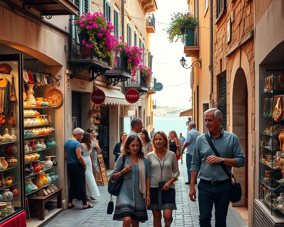 A vibrant street scene in Otranto, Italy, showcasing a lively shopping atmosphere. In the foreground, a quaint cobblestone street lined with charming boutique shops selling colorful ceramics, handmade jewelry, and traditional Italian souvenirs. A diverse group of shoppers, including a middle-aged couple in modest casual attire, engage in conversation as they admire local crafts. The middle ground features textures of stone architecture with ornate balconies adorned with flowering plants. In the background, the iconic Otranto coastline can be glimpsed through the narrow street, bathed in warm, golden afternoon sunlight. The lighting is soft and inviting, evoking a cheerful and relaxed mood, ideal for a day of shopping. A wide-angle lens captures the bustling energy of this enchanting Italian town.