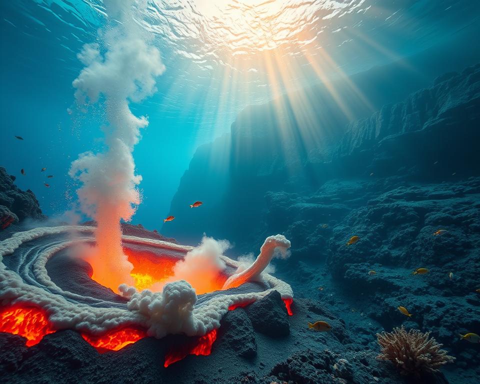 A vibrant underwater scene showcasing the formation of underwater volcanoes, illustrating the dynamic interplay of geology and magma. In the foreground, molten lava bubbles up from a vent, glowing orange and red against the cooler blue ocean. Surrounding this, swirling currents of sediment and ash create a dramatic contrast, while diverse marine life, including colorful fish and coral, observes the spectacle from a safe distance. The middle ground reveals a steep underwater cliff revealing layers of rock formations, highlighting tectonic plates shifting and interacting. In the background, soft beams of light filter through the water, creating an ethereal atmosphere. The image should capture a sense of wonder and the raw power of nature, with an emphasis on the dramatic geological processes at play. A vibrant underwater scene showcasing the formation of underwater volcanoes, illustrating the dynamic interplay of geology and magma. In the foreground, molten lava bubbles up from a vent, glowing orange and red against the cooler blue ocean. Surrounding this, swirling currents of sediment and ash create a dramatic contrast, while diverse marine life, including colorful fish and coral, observes the spectacle from a safe distance. The middle ground reveals a steep underwater cliff revealing layers of rock formations, highlighting tectonic plates shifting and interacting. In the background, soft beams of light filter through the water, creating an ethereal atmosphere. The image should capture a sense of wonder and the raw power of nature, with an emphasis on the dramatic geological processes at play.