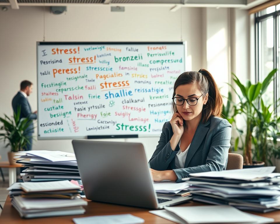A visual representation of "Stress Redewendungen Italienisch" set in a modern office environment. In the foreground, a professional woman in business attire is seated at a desk cluttered with papers and a laptop, her expression showcasing a mix of stress and determination. The middle ground features a whiteboard filled with Italian idiomatic expressions related to work and stress, written in bold, colorful strokes. Background elements include a large window letting in natural light, plants for a touch of greenery, and colleagues in soft focus, portraying a bustling work atmosphere. The angle is slightly elevated, capturing both the busy desk and the expressions of engaged workers in a warm, inspiring light, reflecting a dynamic blend of ambition and challenge in the workplace. A visual representation of "Stress Redewendungen Italienisch" set in a modern office environment. In the foreground, a professional woman in business attire is seated at a desk cluttered with papers and a laptop, her expression showcasing a mix of stress and determination. The middle ground features a whiteboard filled with Italian idiomatic expressions related to work and stress, written in bold, colorful strokes. Background elements include a large window letting in natural light, plants for a touch of greenery, and colleagues in soft focus, portraying a bustling work atmosphere. The angle is slightly elevated, capturing both the busy desk and the expressions of engaged workers in a warm, inspiring light, reflecting a dynamic blend of ambition and challenge in the workplace.