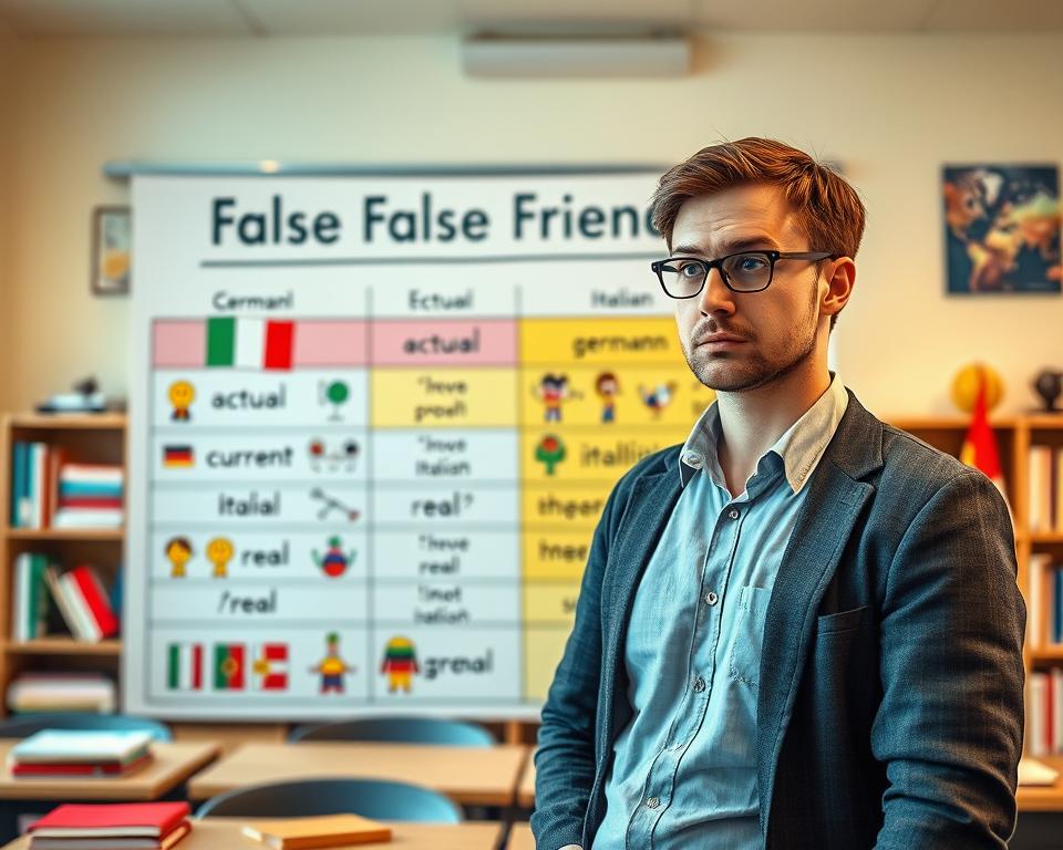 A visually engaging scene illustrating the concept of "false friends" between Italian and German languages. In the foreground, a German-speaking individual, dressed in smart casual attire, looks puzzled while examining a colorful chart showing misleading translations between the two languages, such as "actual" meaning "current" in Italian and not "real" as in German. The middle ground features vibrant illustrations of common false friends, symbolized by quirky cartoon-like characters. The background contains a softly blurred classroom setting filled with language books and cultural items, like Italian and German flags. The atmosphere is lighthearted yet educational, with warm, inviting lighting reminiscent of a cozy study space. The angle is slightly elevated, giving a broad perspective on the scene without any text or distractions. A visually engaging scene illustrating the concept of "false friends" between Italian and German languages. In the foreground, a German-speaking individual, dressed in smart casual attire, looks puzzled while examining a colorful chart showing misleading translations between the two languages, such as "actual" meaning "current" in Italian and not "real" as in German. The middle ground features vibrant illustrations of common false friends, symbolized by quirky cartoon-like characters. The background contains a softly blurred classroom setting filled with language books and cultural items, like Italian and German flags. The atmosphere is lighthearted yet educational, with warm, inviting lighting reminiscent of a cozy study space. The angle is slightly elevated, giving a broad perspective on the scene without any text or distractions.