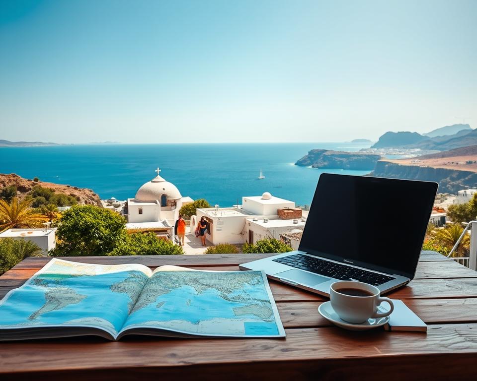 A vivid travel planning scene featuring the stunning Lipari Islands in Italy. In the foreground, a wooden table displays an open map and a laptop, with a notebook and a steaming cup of coffee beside it. In the middle ground, capture the lush greenery and traditional whitewashed houses of Lipari, with a few tourists in modest casual clothing exploring the area. In the background, showcase the beautiful coastline with turquoise waters, rocky cliffs, and distant volcanic landscapes under bright, sunny skies. Use soft, natural lighting that enhances the vibrant colors of the scene, creating an inviting and relaxed atmosphere, evoking the excitement of planning an idyllic getaway. The angle should be slightly elevated, providing a broad view of the landscape while focusing on the travel planning aspect.