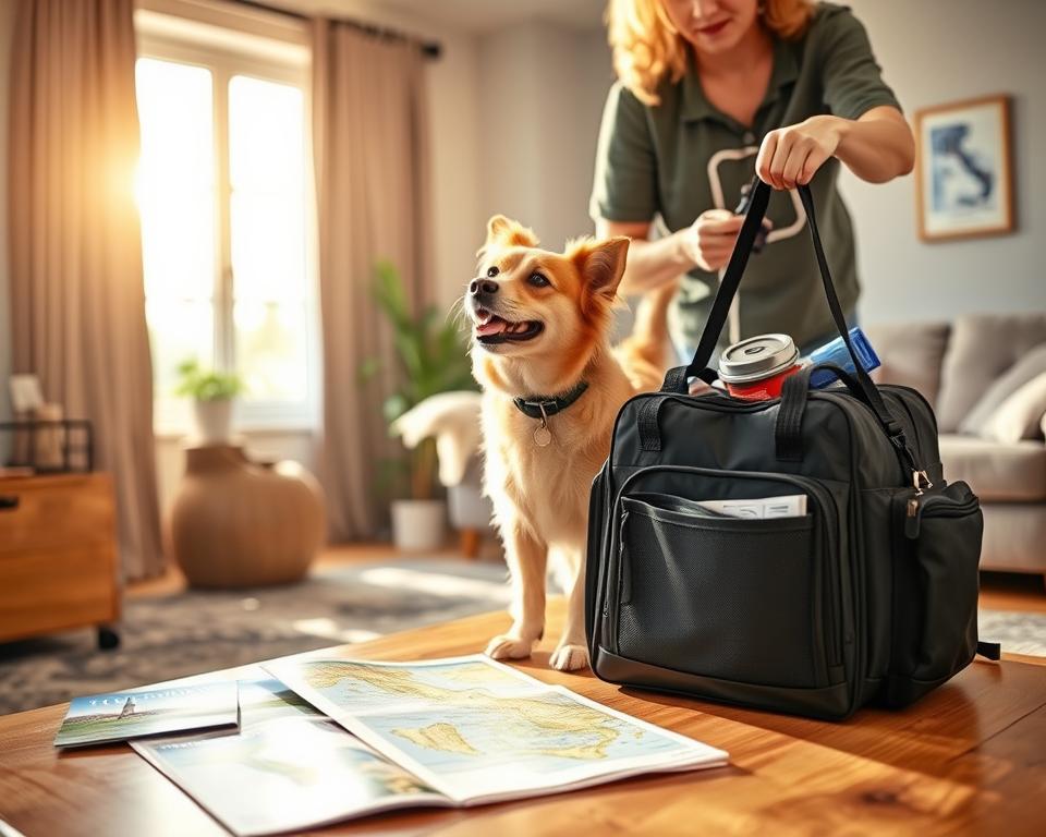 A well-organized preparation scene for a flight with a dog. In the foreground, a person dressed in casual, practical clothing is packing a durable pet travel bag with essential items like food, water, and a leash. Beside them, a friendly, medium-sized dog, excitedly wagging its tail, is looking up. In the middle ground, a cozy living room filled with travel brochures of Italy and a map spread out on a table, perhaps a plane ticket visible nearby. In the background, a window showing a sunny day, hinting at the upcoming journey. The lighting is warm and inviting, with sunlight streaming in, creating a vibrant and hopeful atmosphere, capturing the joy and anticipation of flying with a beloved pet. A well-organized preparation scene for a flight with a dog. In the foreground, a person dressed in casual, practical clothing is packing a durable pet travel bag with essential items like food, water, and a leash. Beside them, a friendly, medium-sized dog, excitedly wagging its tail, is looking up. In the middle ground, a cozy living room filled with travel brochures of Italy and a map spread out on a table, perhaps a plane ticket visible nearby. In the background, a window showing a sunny day, hinting at the upcoming journey. The lighting is warm and inviting, with sunlight streaming in, creating a vibrant and hopeful atmosphere, capturing the joy and anticipation of flying with a beloved pet.