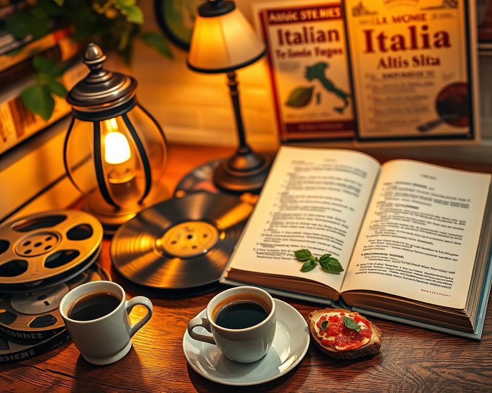 An inviting Italian café scene filled with warmth and vibrant colors, showcasing a table with classic Italian media: a film reel, vinyl records, and a book opened to reveal famous Italian idioms. In the foreground, a steaming cup of espresso sits next to a plate of bruschetta adorned with fresh basil. The middle ground features a vintage lamp casting a warm glow on the items, while an old movie poster and musical notes flutter gently in the background, hinting at films and songs that encapsulate Italian culture. Soft, golden lighting enhances the cozy atmosphere, suggesting nostalgia and passion for Italian language and culture. The angle is slightly overhead, capturing a harmonious blend of the objects and ambiance without any text or distractions. An inviting Italian café scene filled with warmth and vibrant colors, showcasing a table with classic Italian media: a film reel, vinyl records, and a book opened to reveal famous Italian idioms. In the foreground, a steaming cup of espresso sits next to a plate of bruschetta adorned with fresh basil. The middle ground features a vintage lamp casting a warm glow on the items, while an old movie poster and musical notes flutter gently in the background, hinting at films and songs that encapsulate Italian culture. Soft, golden lighting enhances the cozy atmosphere, suggesting nostalgia and passion for Italian language and culture. The angle is slightly overhead, capturing a harmonious blend of the objects and ambiance without any text or distractions.