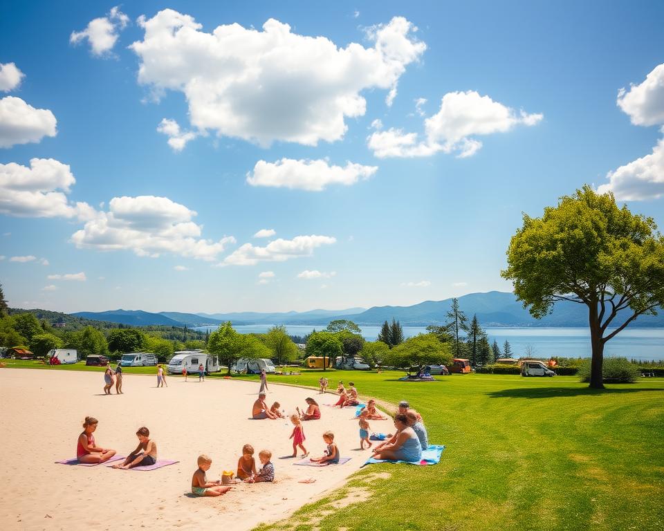 Lush green landscape of Strand Campingplatz Gardasee on a sunny day, with vibrant blue skies dotted with fluffy white clouds. In the foreground, a serene sandy beach lined with colorful, modestly dressed families enjoying a day by the lake. Children are building sandcastles, while adults relax on towels, engaging in light-hearted conversations. The middle ground features cheerful tents and vibrant campervans nestled among trees, offering a sense of community. In the background, the stunning Lake Garda glistens under the sunlight, surrounded by picturesque hills and distant mountains creating a breathtaking panorama. The image should capture a warm, inviting atmosphere, with soft, golden lighting enhancing the sense of tranquility and natural beauty, shot from a slightly elevated angle to encompass the entire scene without any text or distractions.