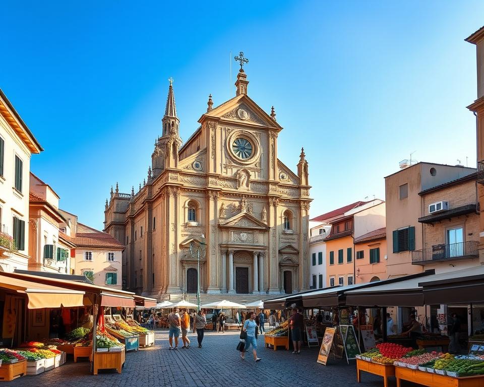 The majestic Cathedral of Otranto stands proudly in the foreground, showcasing its intricate Romanesque architecture with a stunning facade adorned with ornate carvings and decorative elements. Surrounding the cathedral are the cobblestone streets of Otranto's historical old town, filled with charming, rustic buildings that evoke a sense of timelessness. In the middle ground, market stalls display vibrant local produce, enhancing the lively atmosphere of the scene. The background features a clear blue sky, with soft, golden sunlight illuminating the landscape, casting gentle shadows that bring depth to the image. The scene conveys a warm and inviting mood, perfect for a summer day of exploration. Shot from a slight elevation to capture the layout of the streets converging towards the cathedral, showcasing the essence of Otranto's rich history and cultural allure.